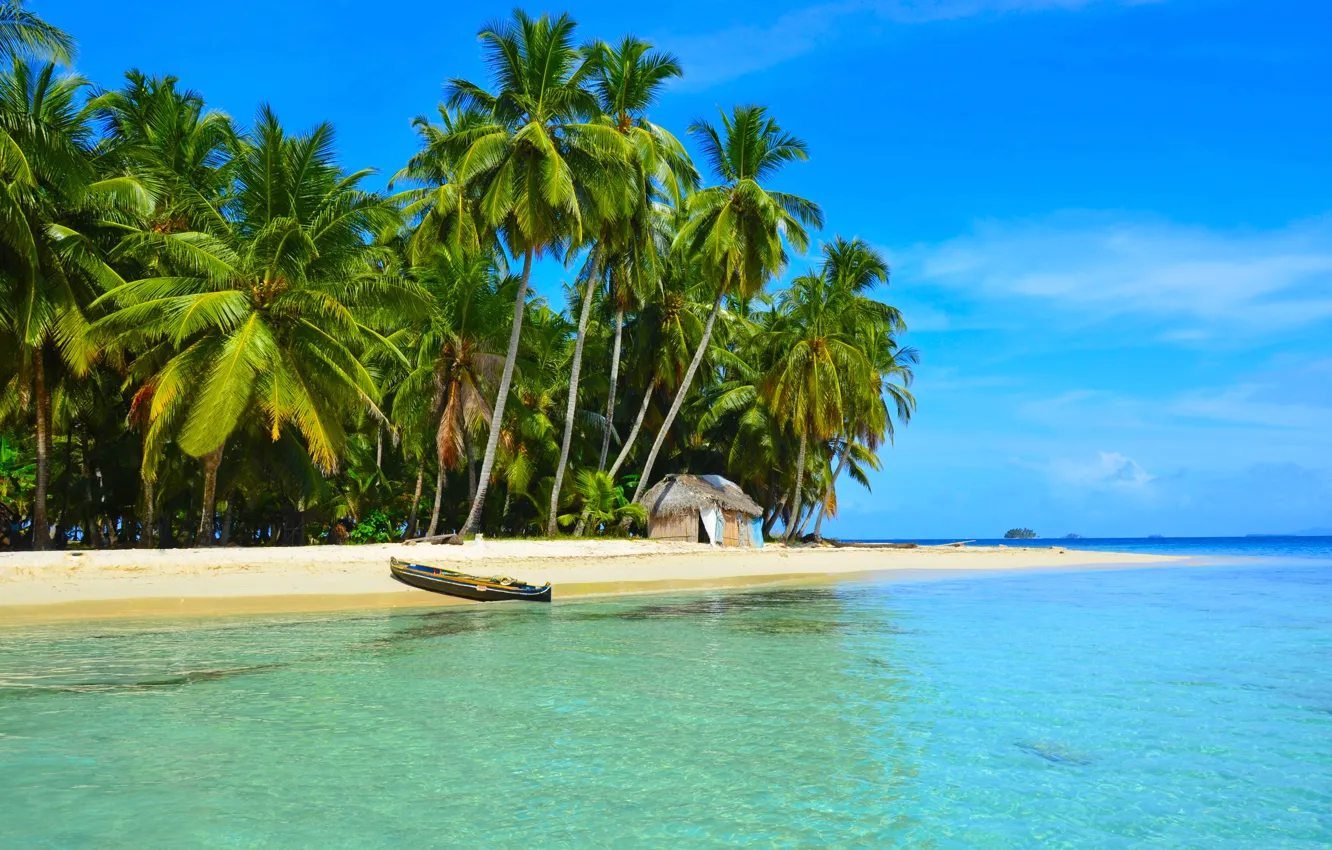 Photo wallpaper sea, beach, tropics, palm trees, boat, house
