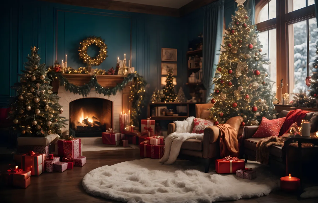 Photo wallpaper decoration, room, gift, balls, tree, new year, interior, Christmas