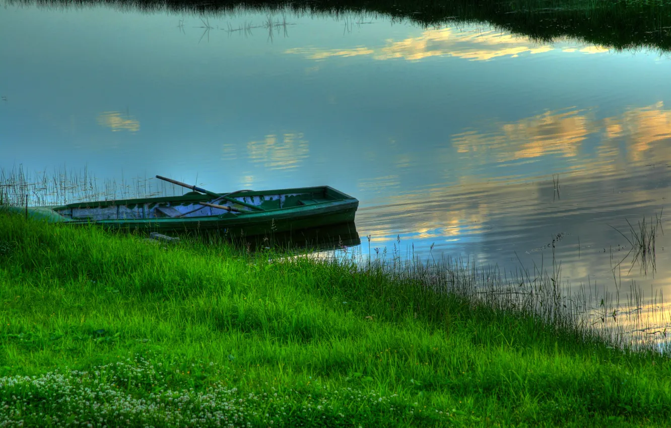 Photo wallpaper grass, boat, Water