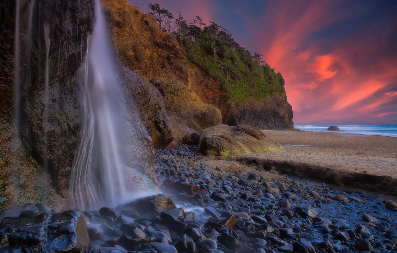 Photo wallpaper sunset, stones, rocks, coast, waterfall, Oregon, Oregon, Pacific Ocean