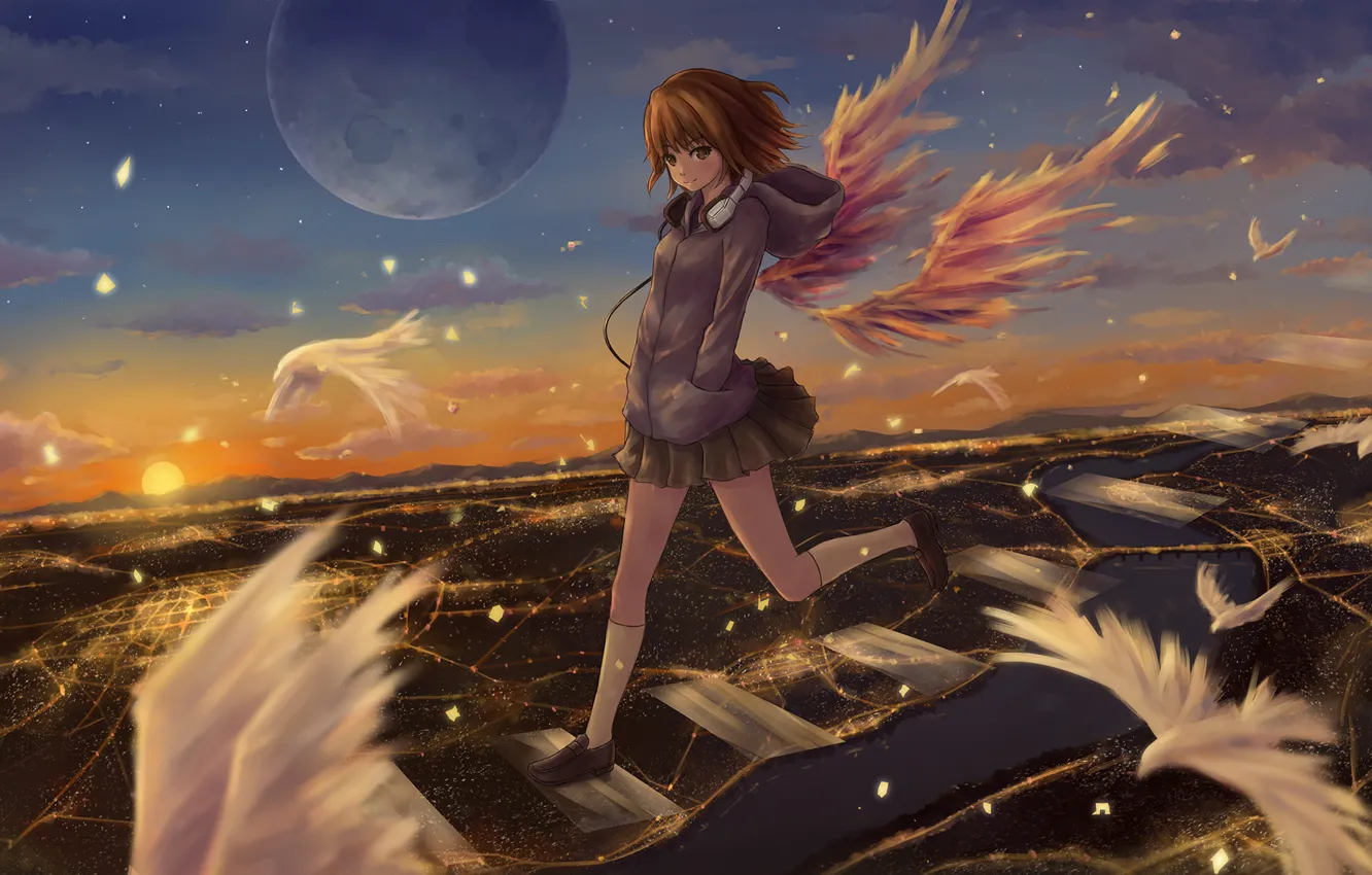 Photo wallpaper the sky, girl, clouds, sunset, birds, the city, lights, smile