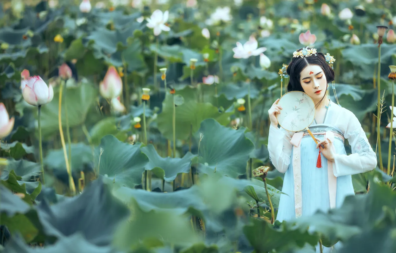 Photo wallpaper white, leaves, girl, flowers, nature, face, pose, style