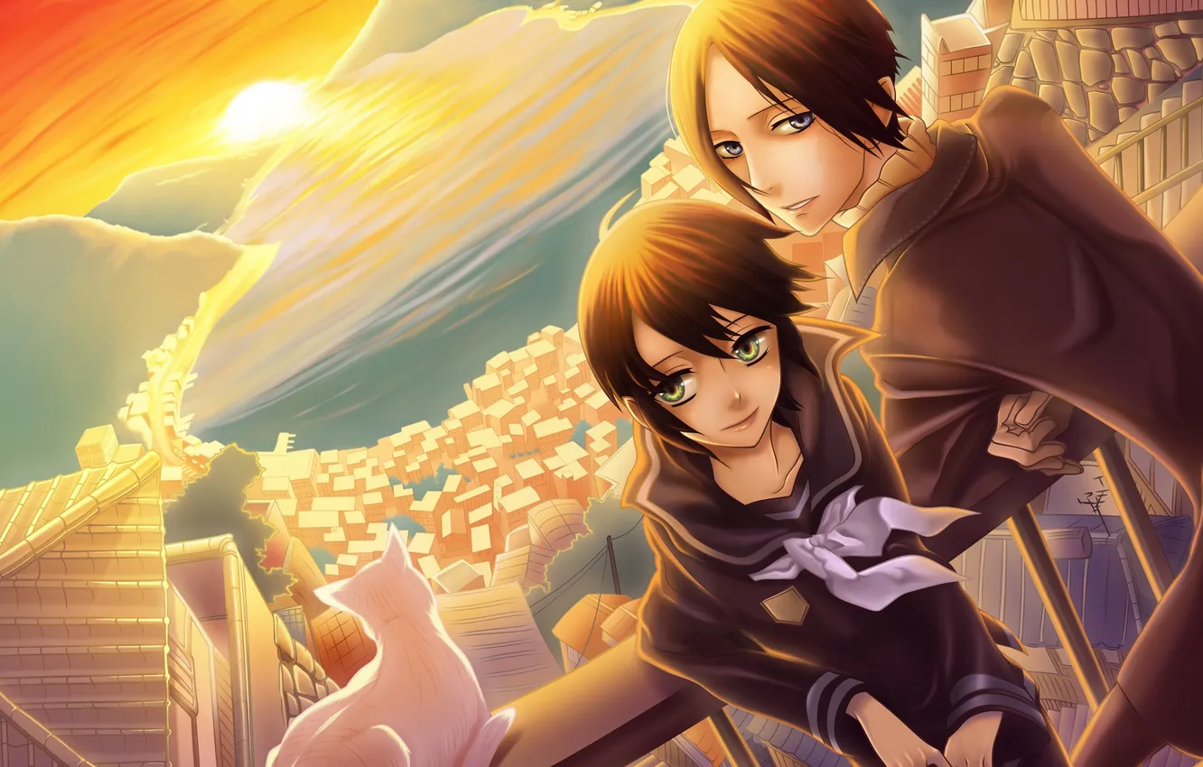 Photo wallpaper the sun, sunset, anime, art, balcony, guy, Nabari no o, nabari no ou
