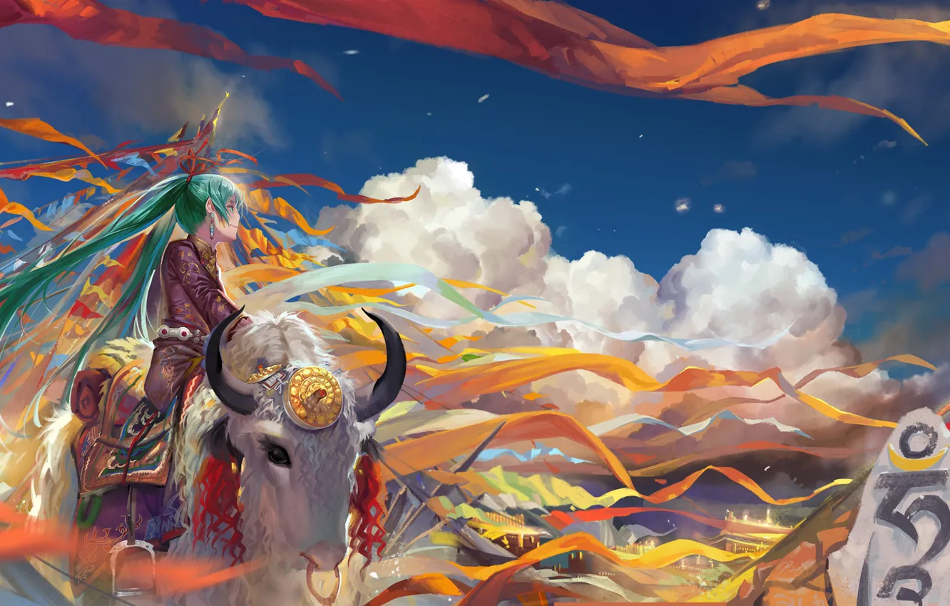 Photo wallpaper girl, stones, tape, characters, vocaloid, hatsune miku, bull, festival