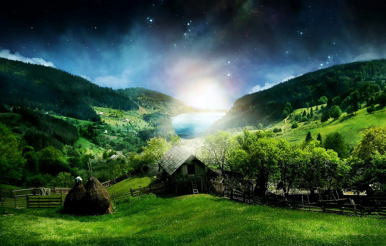 Photo wallpaper forest, stars, night, hills, home, stack, hay