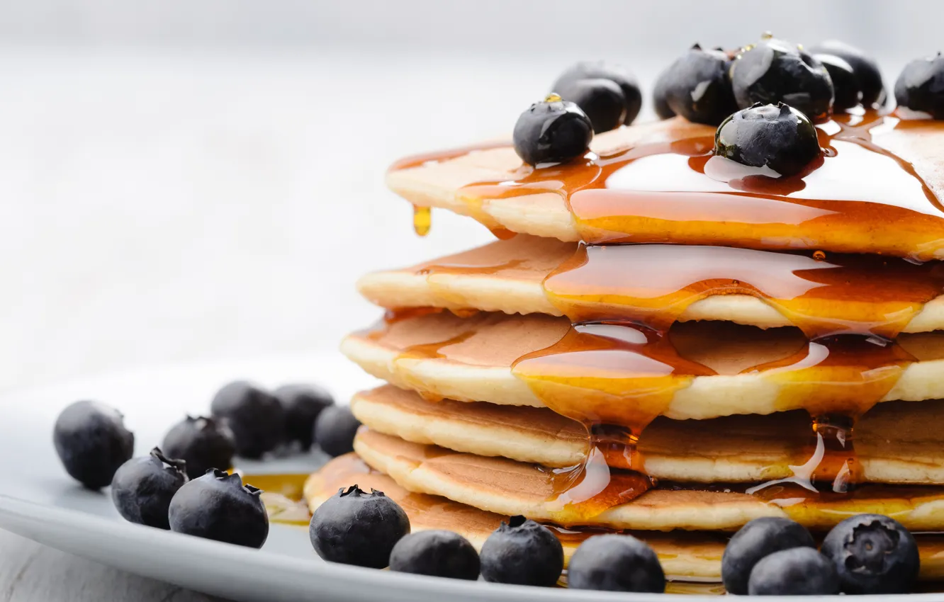 Photo wallpaper berries, food, blueberries, honey, honey, pancakes, blueberries, pancakes
