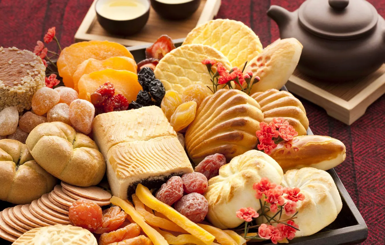 Photo wallpaper tea, Breakfast, kettle, cookies, sweets, Chinese snacks