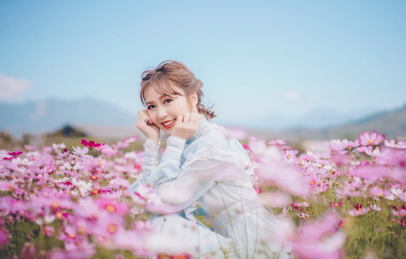 Photo wallpaper field, look, girl, flowers, face, smile, hands, Asian