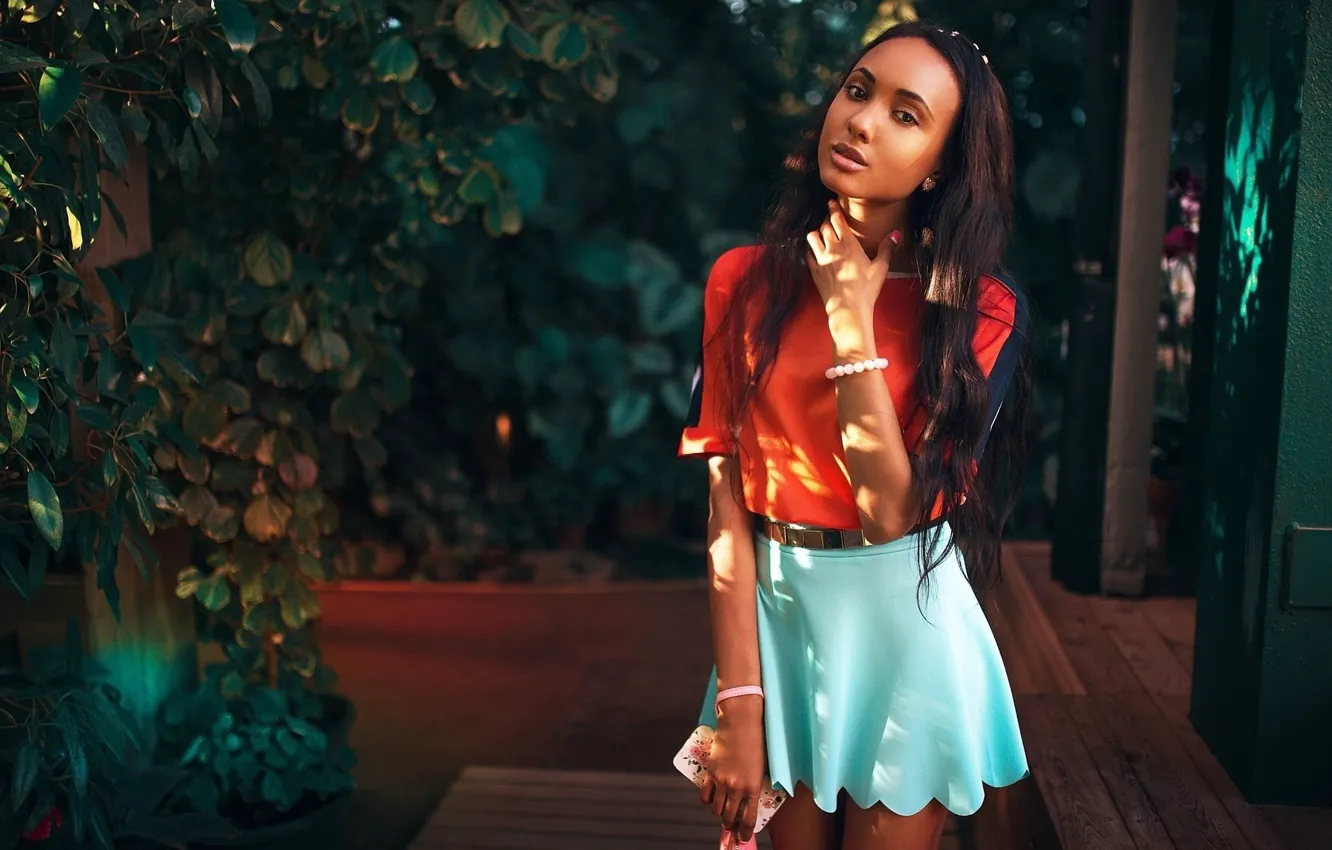 Photo wallpaper greens, girl, skirt, makeup, garden, brunette, hairstyle, blouse