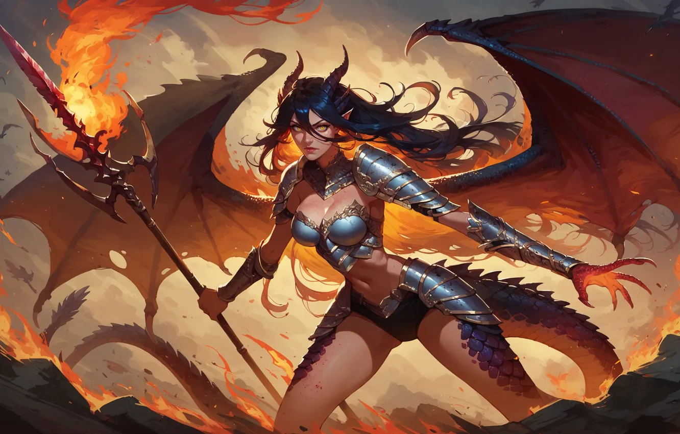 Photo wallpaper girl, lights, dragon, warrior, spear