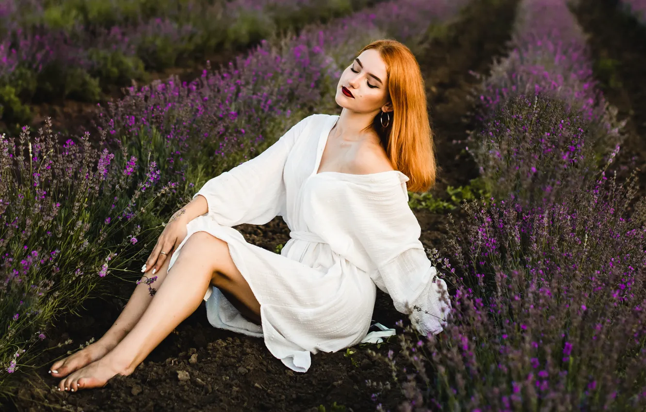 Photo wallpaper summer, girl, flowers, pose, mood, makeup, red, sitting