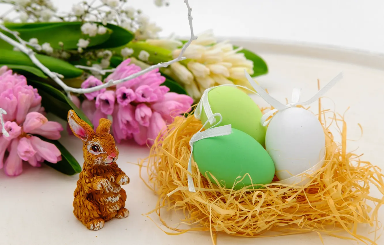 Photo wallpaper flowers, hare, eggs, Easter, Bunny, Easter