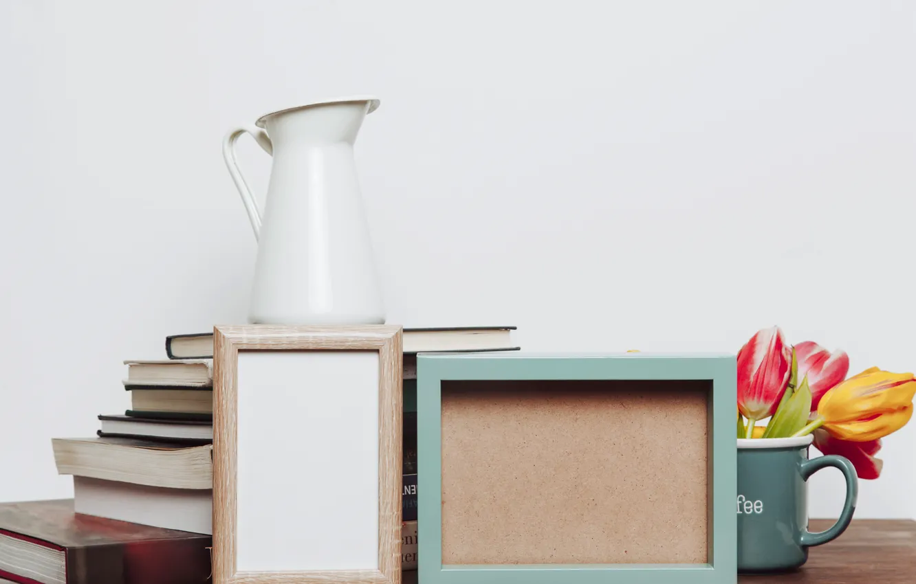 Photo wallpaper flowers, photo, bouquet, frame, colorful, mug, tulips, book