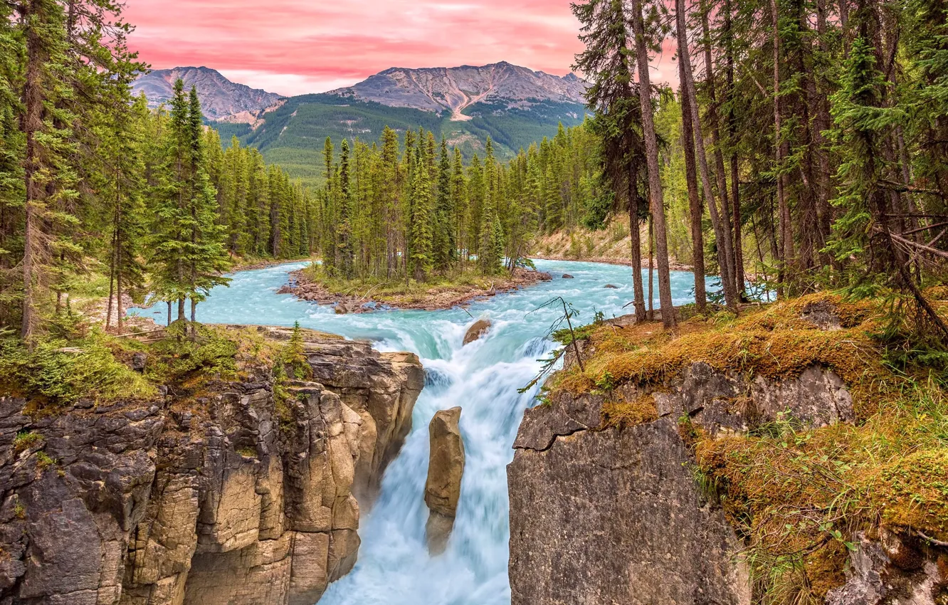 Photo wallpaper mountains, river, waterfall, pink sky