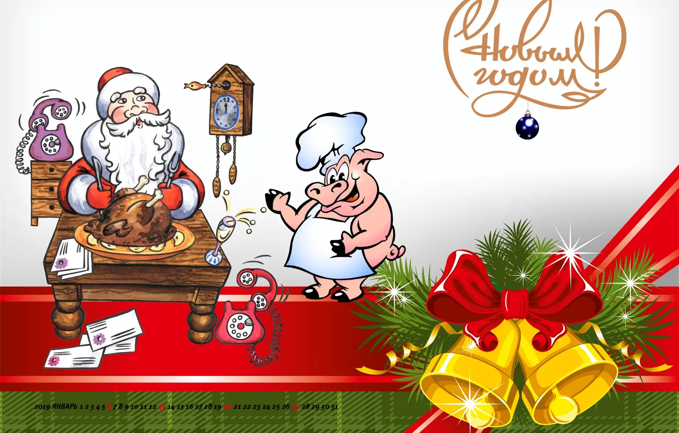 Photo wallpaper watch, pig, Santa Claus, calendar for 2019