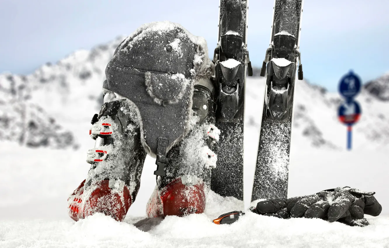 Photo wallpaper winter, snow, background, hat, ski, shoes, glasses, gloves