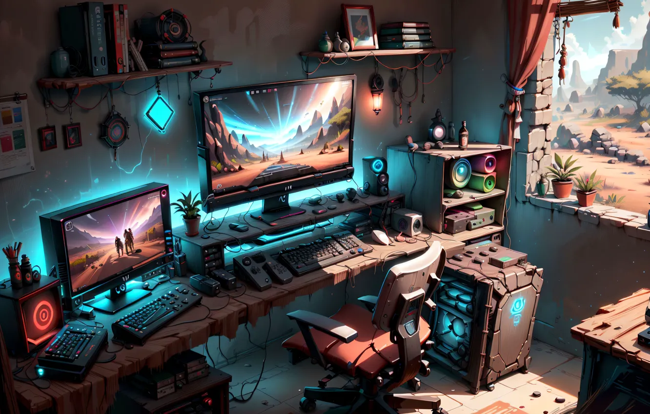 Photo wallpaper room, book, keyboard, monitor, workplace, window, room, shelves