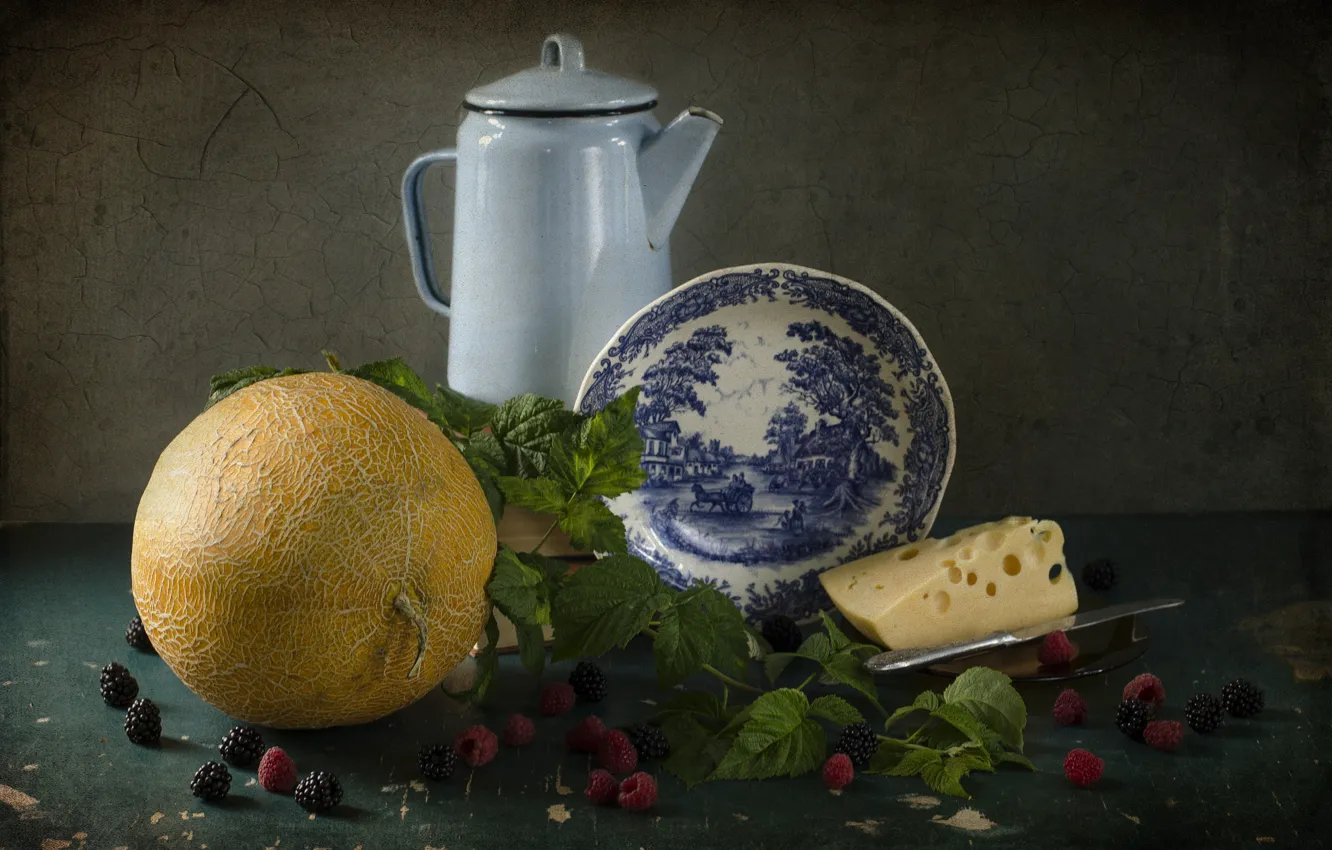 Photo wallpaper leaves, berries, raspberry, branch, cheese, kettle, plate, knife