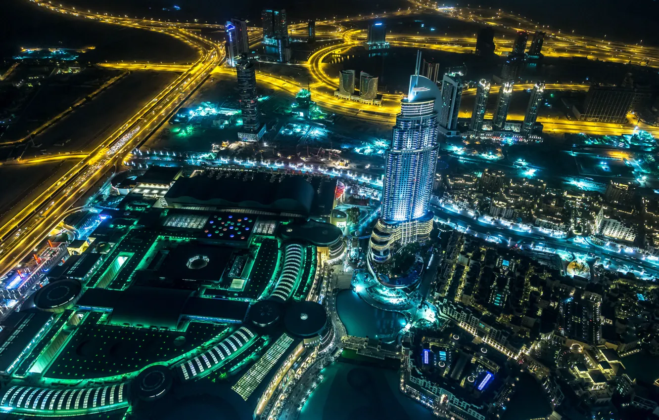 Photo wallpaper road, night, the city, photo, top, Dubai, megapolis, United Arab Emirates