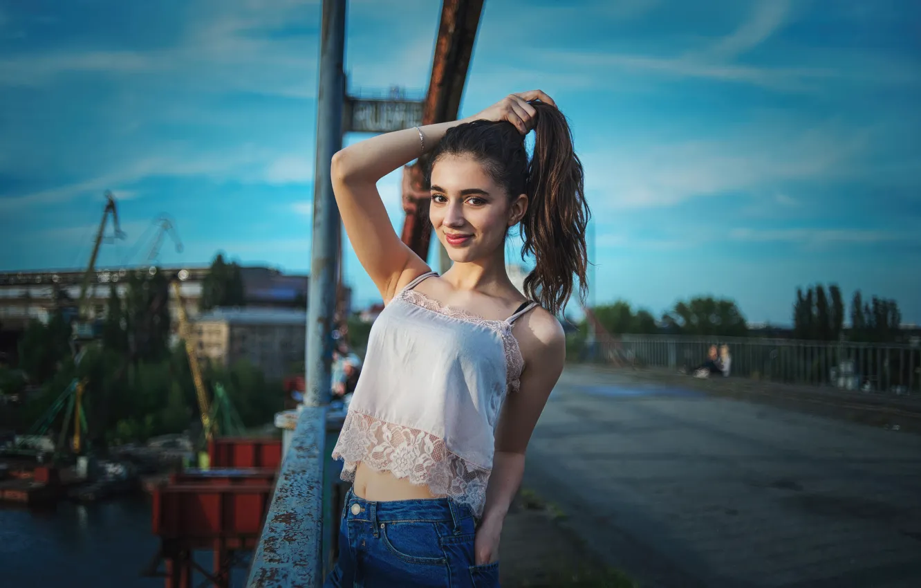 Photo wallpaper girl, ponytail, smiling