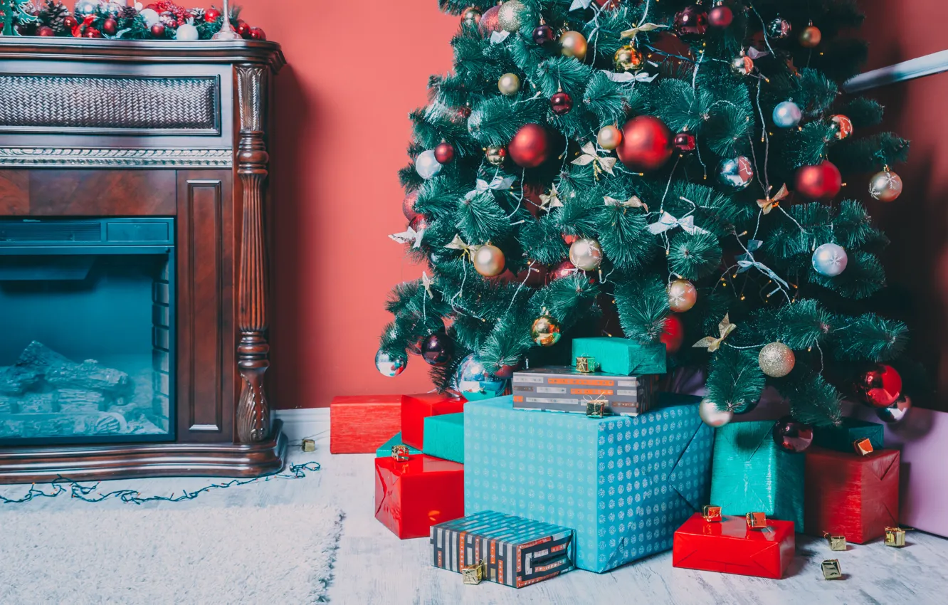 Photo wallpaper decoration, gift, toy, tree, new year, Christmas, fireplace, Christmas