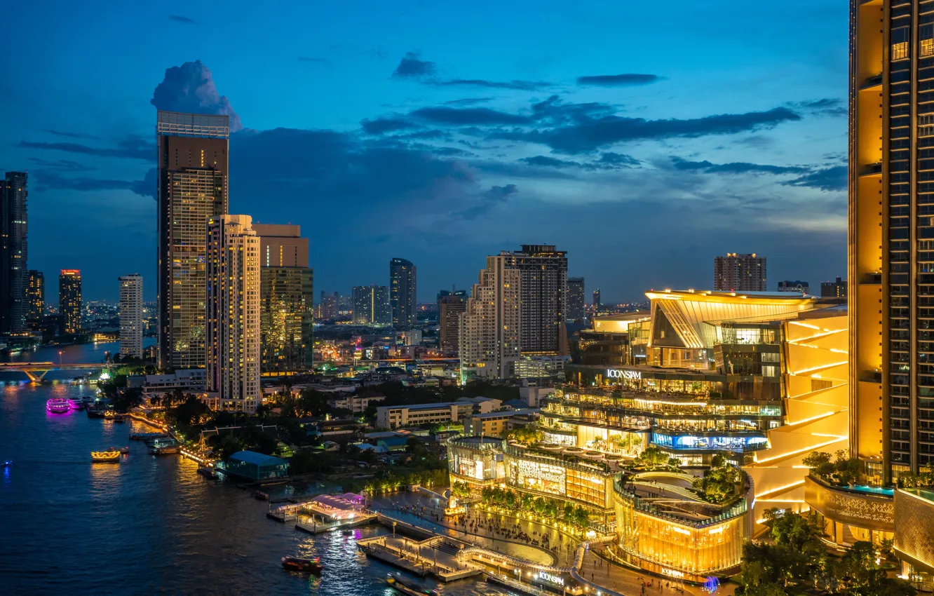 Photo wallpaper river, building, Thailand, Bangkok, Thailand, night city, skyscrapers, Bangkok