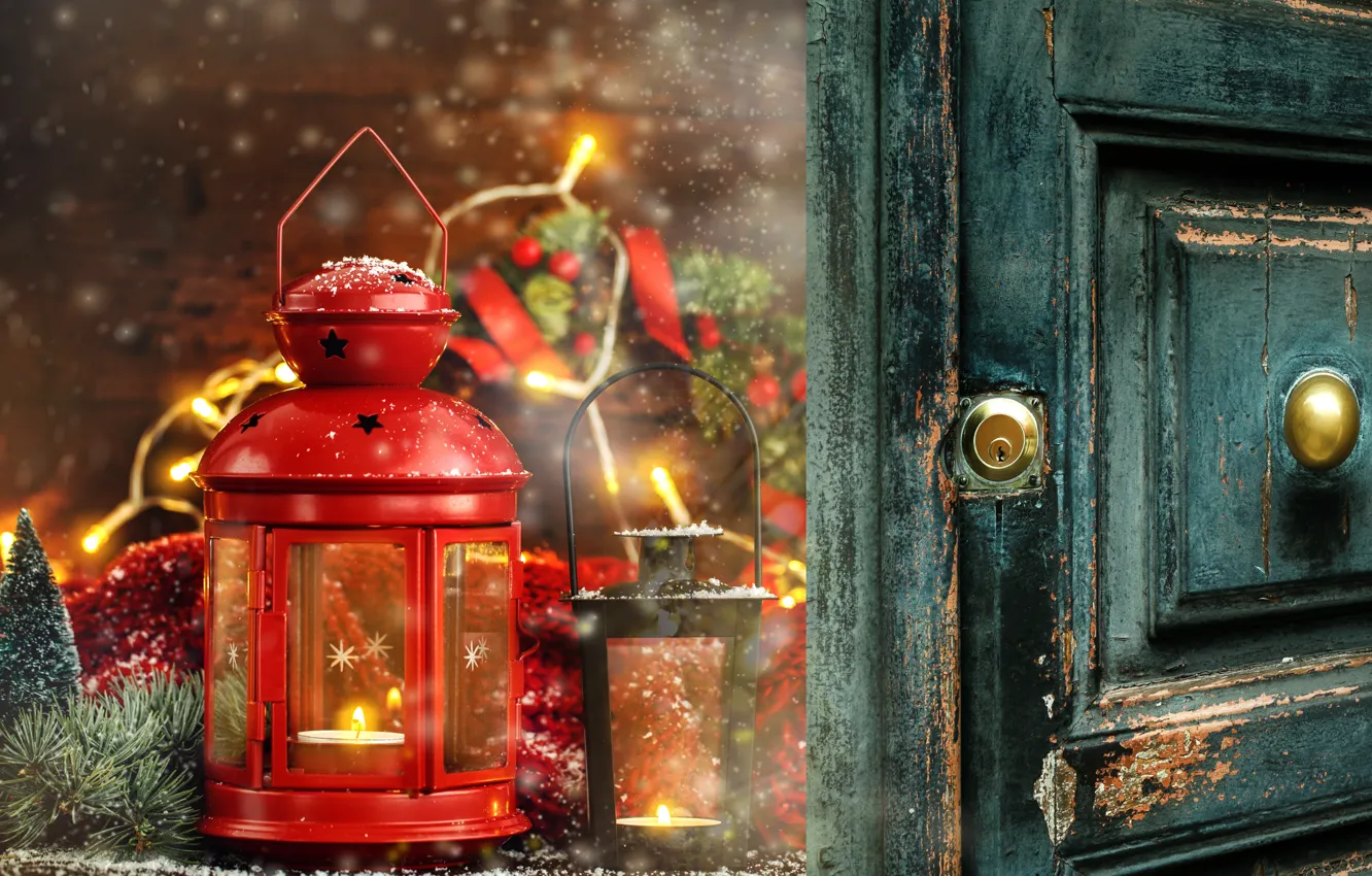 Photo wallpaper decoration, New Year, Christmas, lantern, Christmas, wood, New Year, decoration