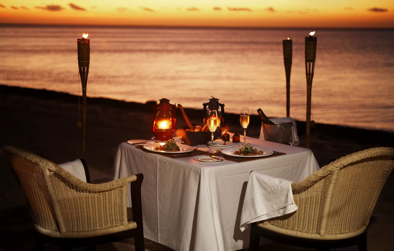 Photo wallpaper beach, the ocean, wine, romance, the evening, torches, dinner