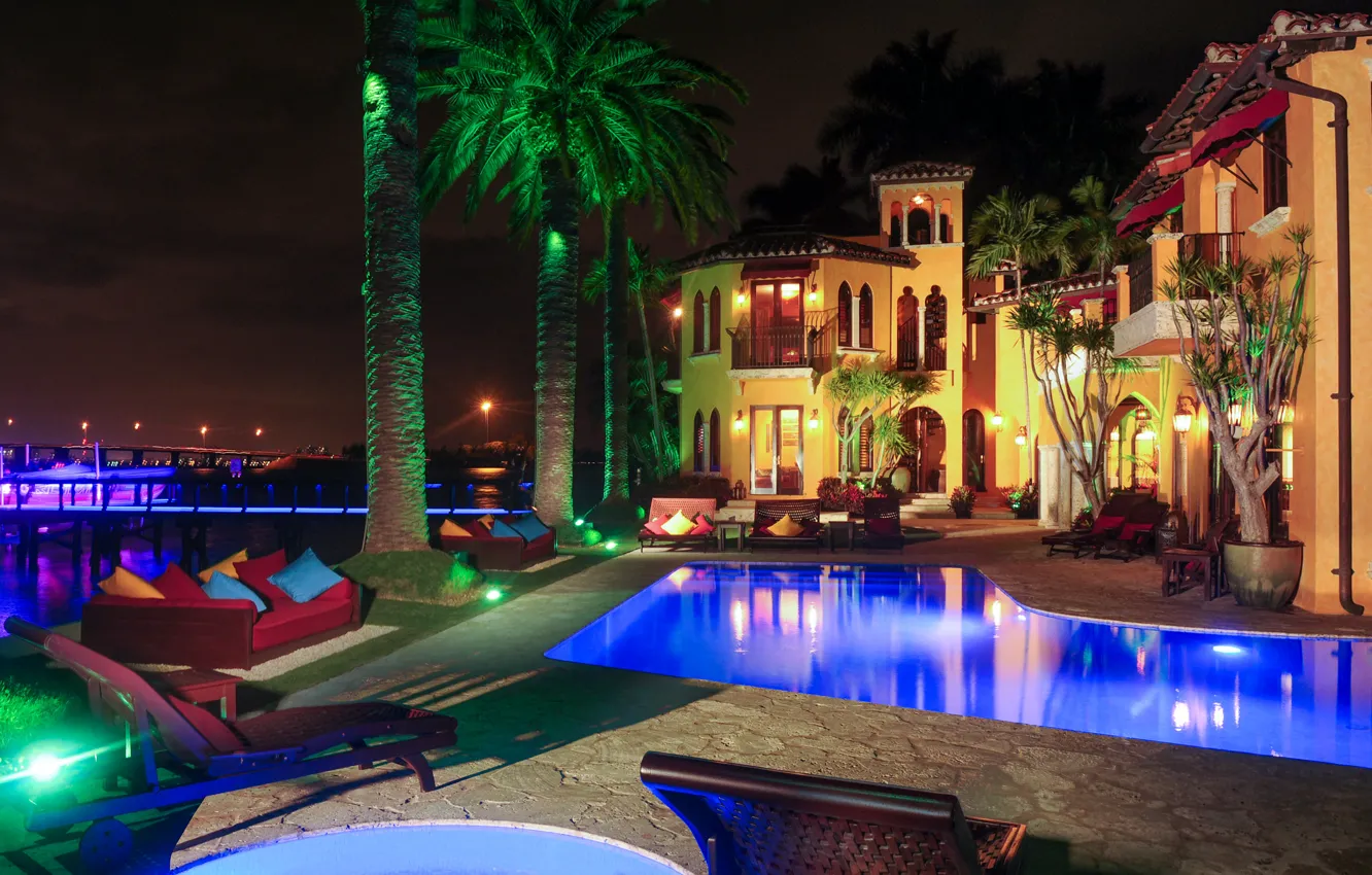 Photo wallpaper night, the city, palm trees, Villa, pool, lighting, architecture, mansion