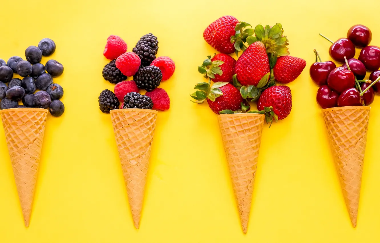 Photo wallpaper cherry, berries, raspberry, blueberries, strawberry, different, yellow background, a lot