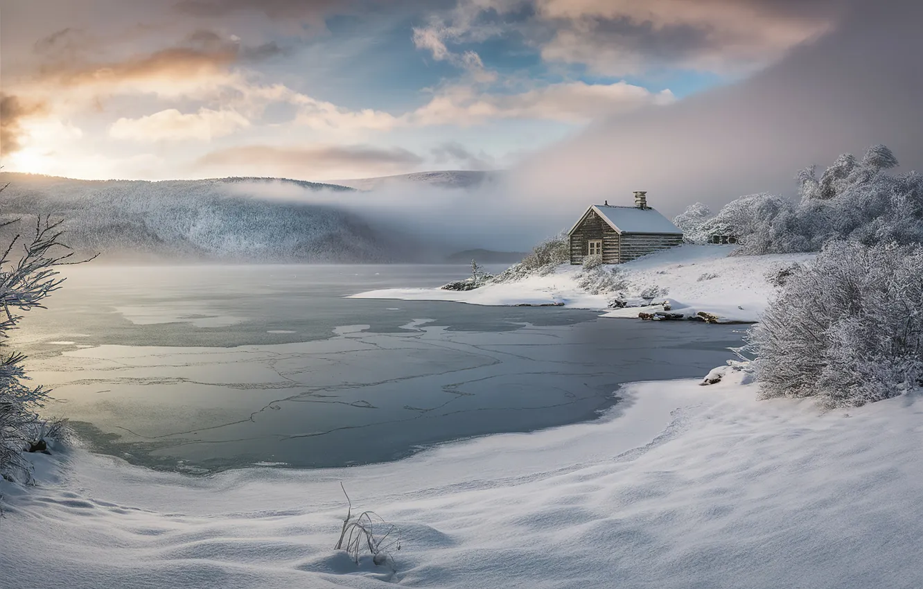 Photo wallpaper winter, snow, nature, house, pond, AI art, neural network