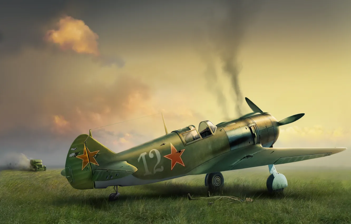 Photo wallpaper war, fighter, art, the plane, the airfield, damage, Soviet, single-engine