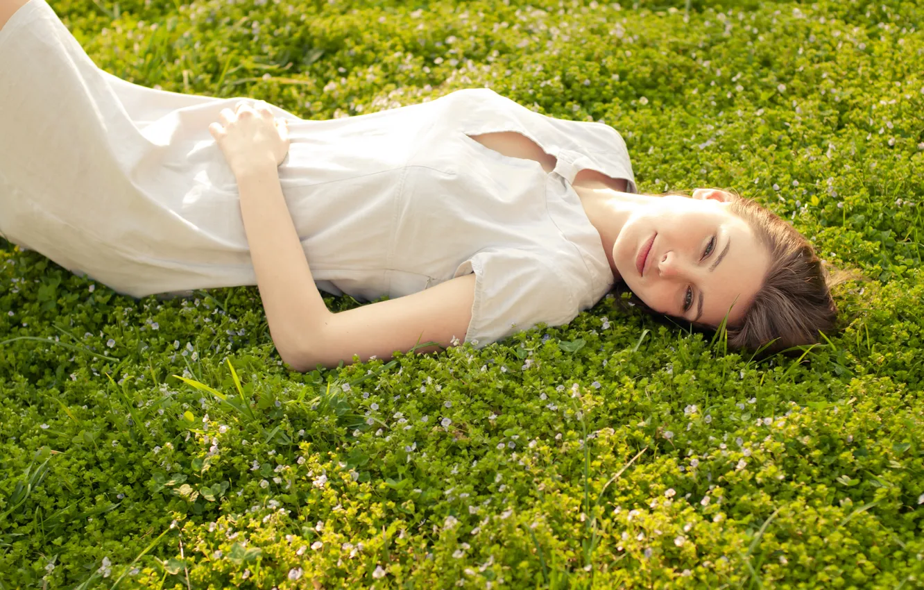 Photo wallpaper grass, girl, smile, stay, dress, clover, brown hair