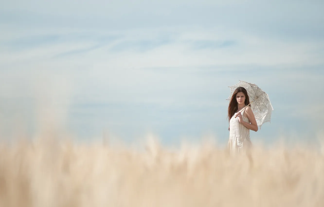 Photo wallpaper field, the sky, look, girl, macro, face, umbrella, background