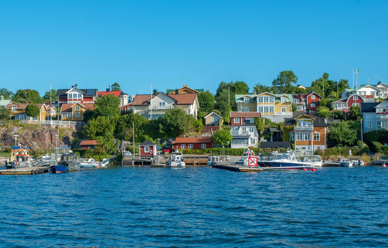 Photo wallpaper the city, photo, coast, home, pier, boat, Sweden, Stockholm