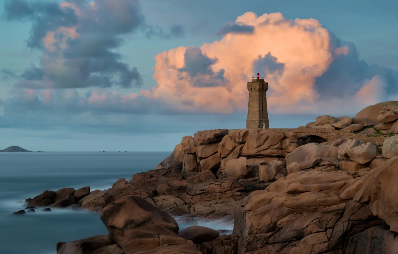 Photo wallpaper sea, clouds, landscape, nature, rock, stones, France, lighthouse