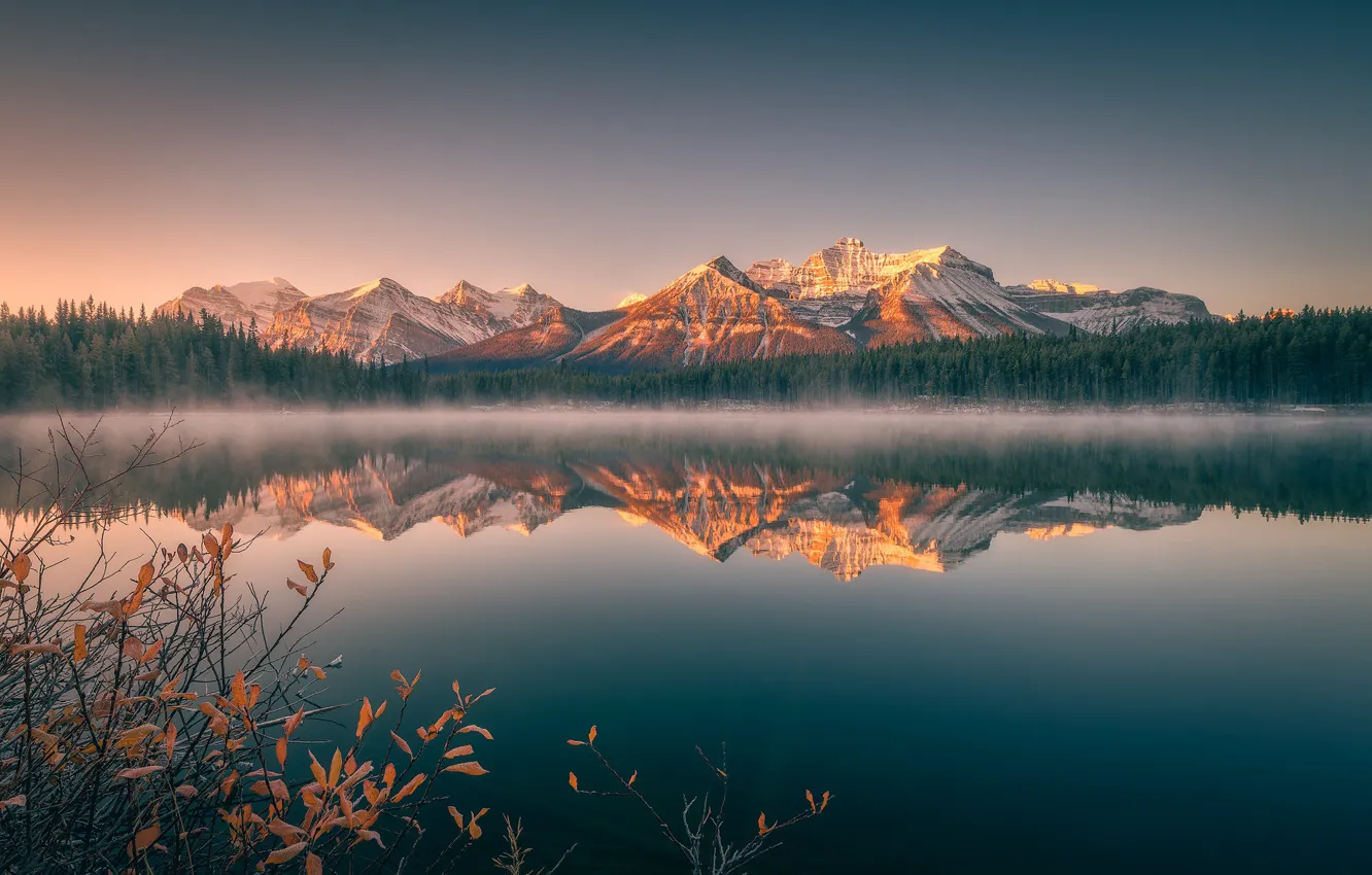Photo wallpaper autumn, forest, mountains, reflection, foliage, pond