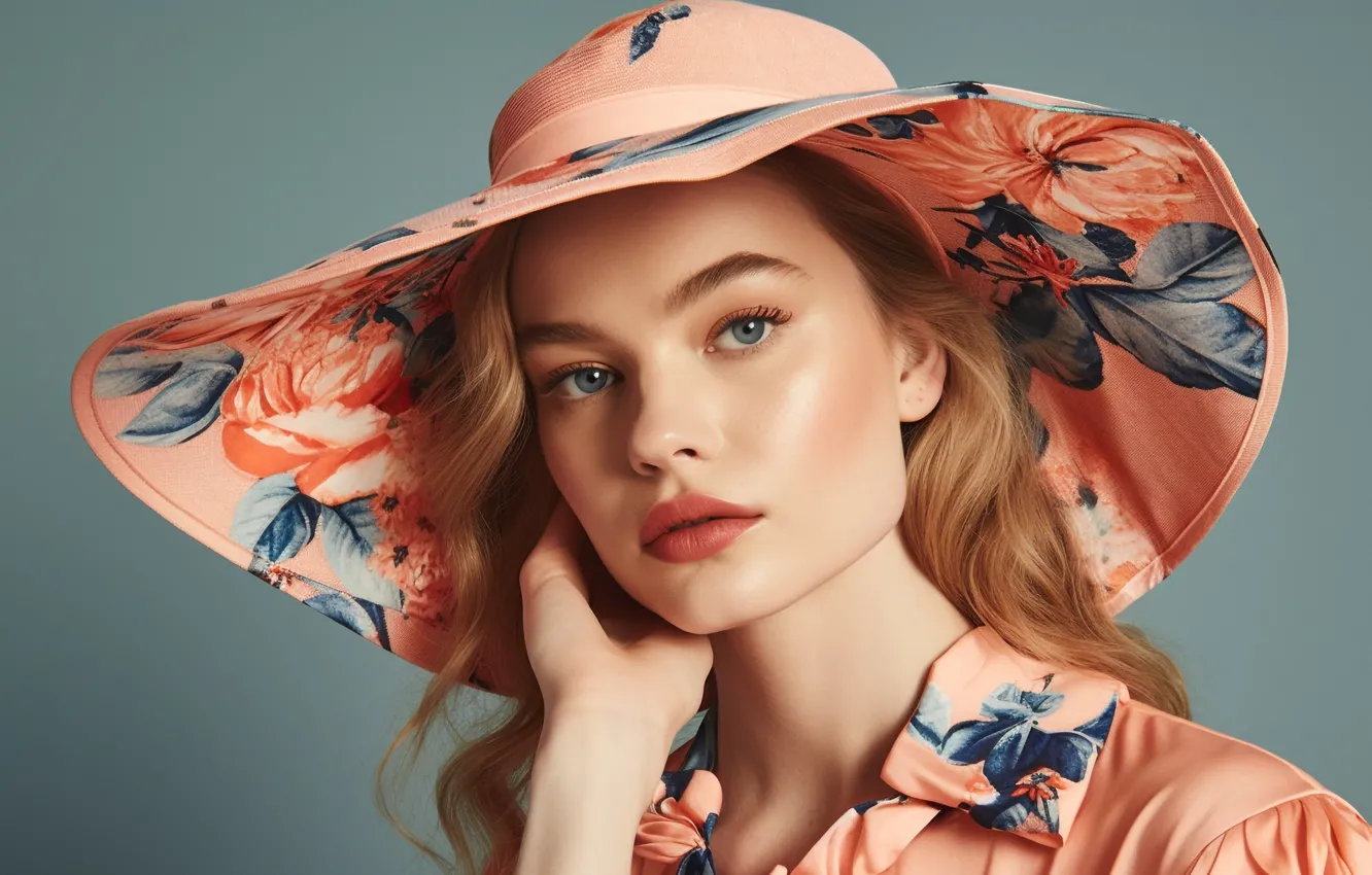 Photo wallpaper look, girl, flowers, face, portrait, hat, hands, blonde