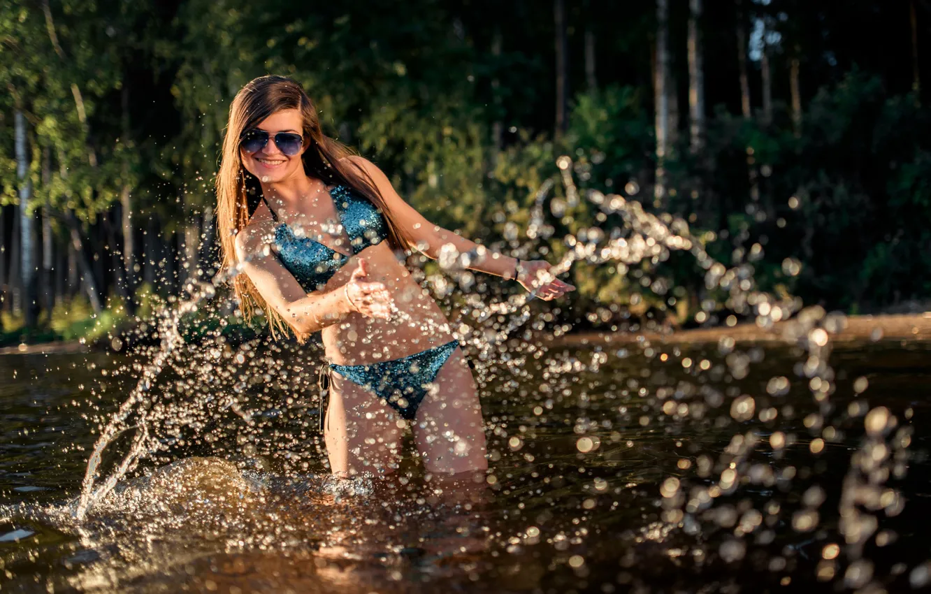 Photo wallpaper swimsuit, water, squirt, pose, mood, glasses, Anna, Ilya Matveev