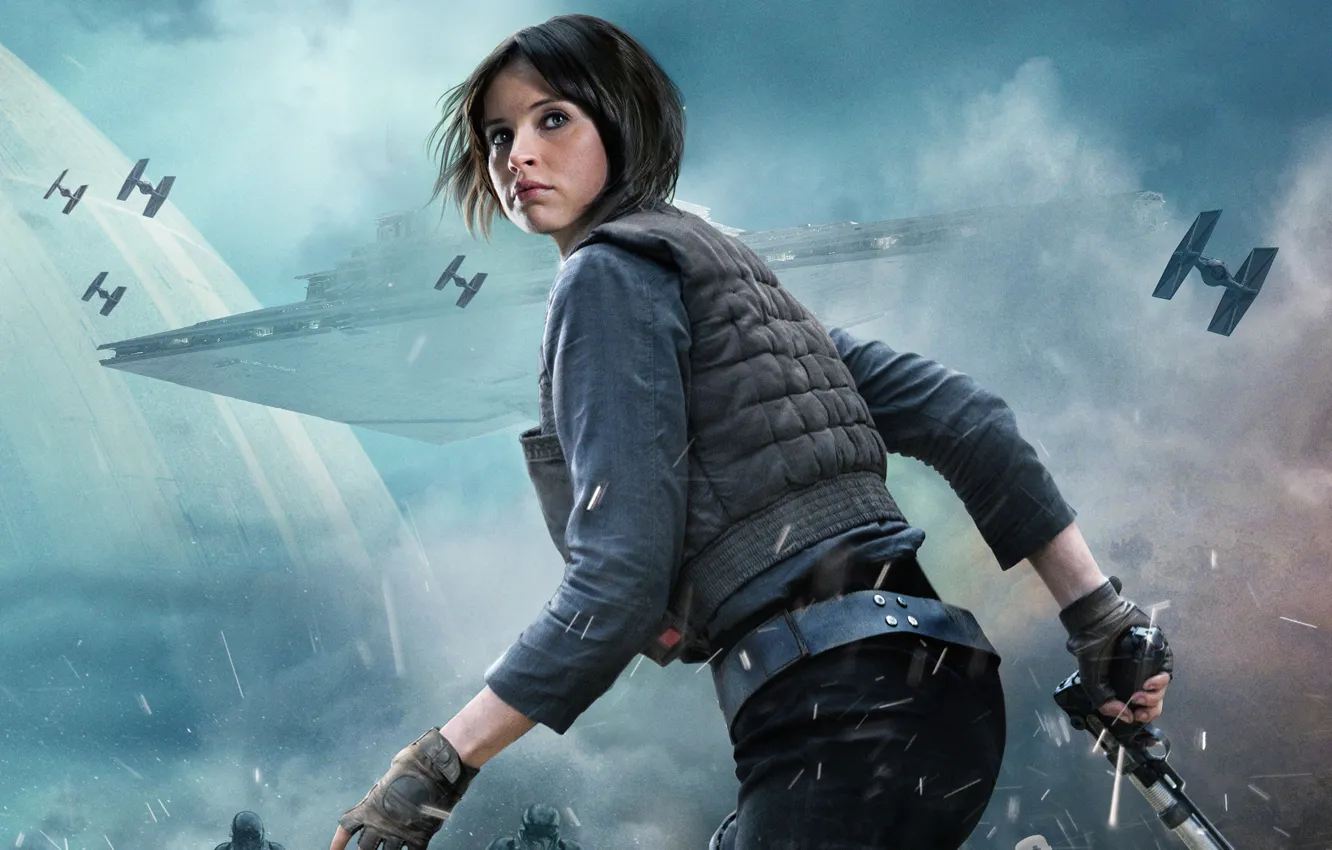Photo wallpaper space, gun, fiction, poster, spaceship, Felicity Jones, Felicity Jones, Rogue One: A Star Wars Story
