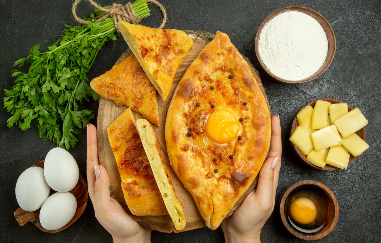 Photo wallpaper greens, eggs, hands, cheese, pie, bowl, grey background, the yolk
