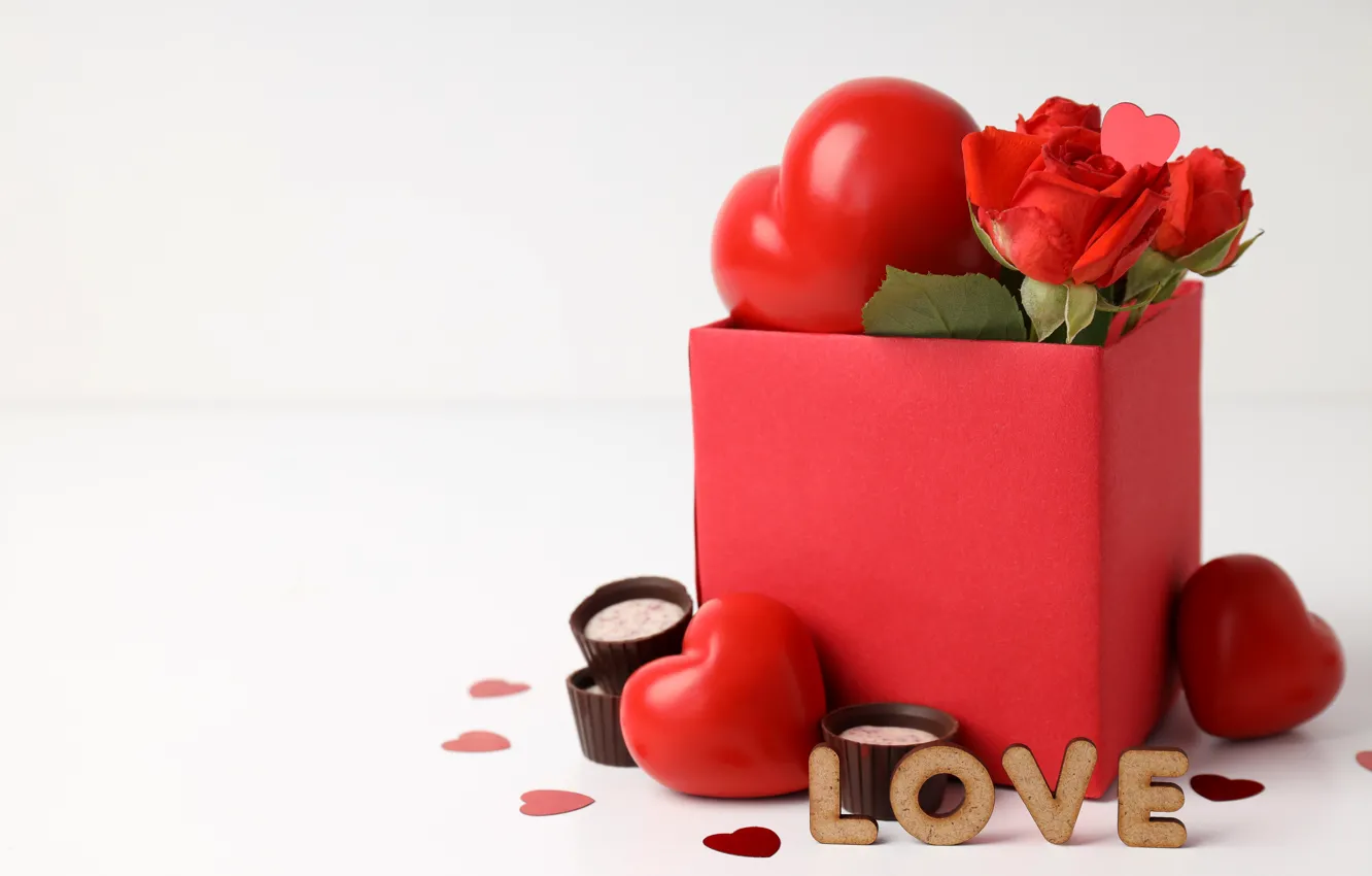 Photo wallpaper love, gift, romance, heart, chocolate, hearts, red, love