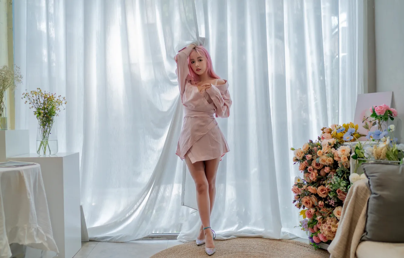 Photo wallpaper look, flowers, pose, model, portrait, interior, makeup, figure