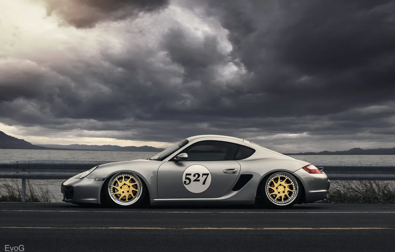 Photo wallpaper Porsche, Cayman, Turbo, silvery, profile