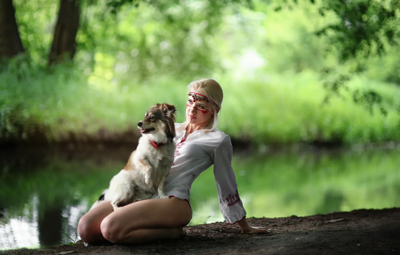 Photo wallpaper girl, nature, pond, dog, legs, river, sitting