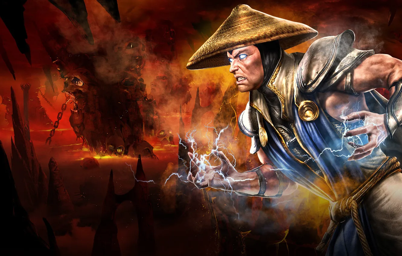 Photo wallpaper Mortal Kombat, Raiden, lighting, video games, protector, thunder God, Lord Raiden, thunder and lightning