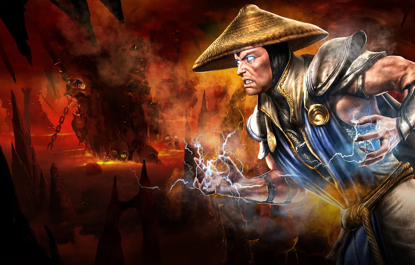 Photo wallpaper Mortal Kombat, Raiden, lighting, video games, protector, Lord Raiden, thunder and lightning, thunder god