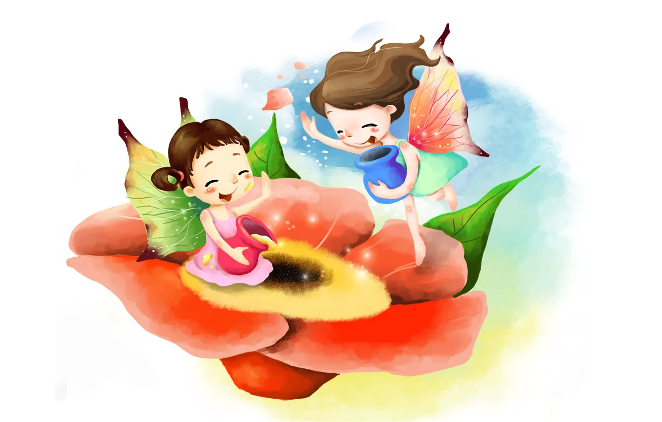 Photo wallpaper flowers, pollen, figure, laughter, fairy, honey, girl