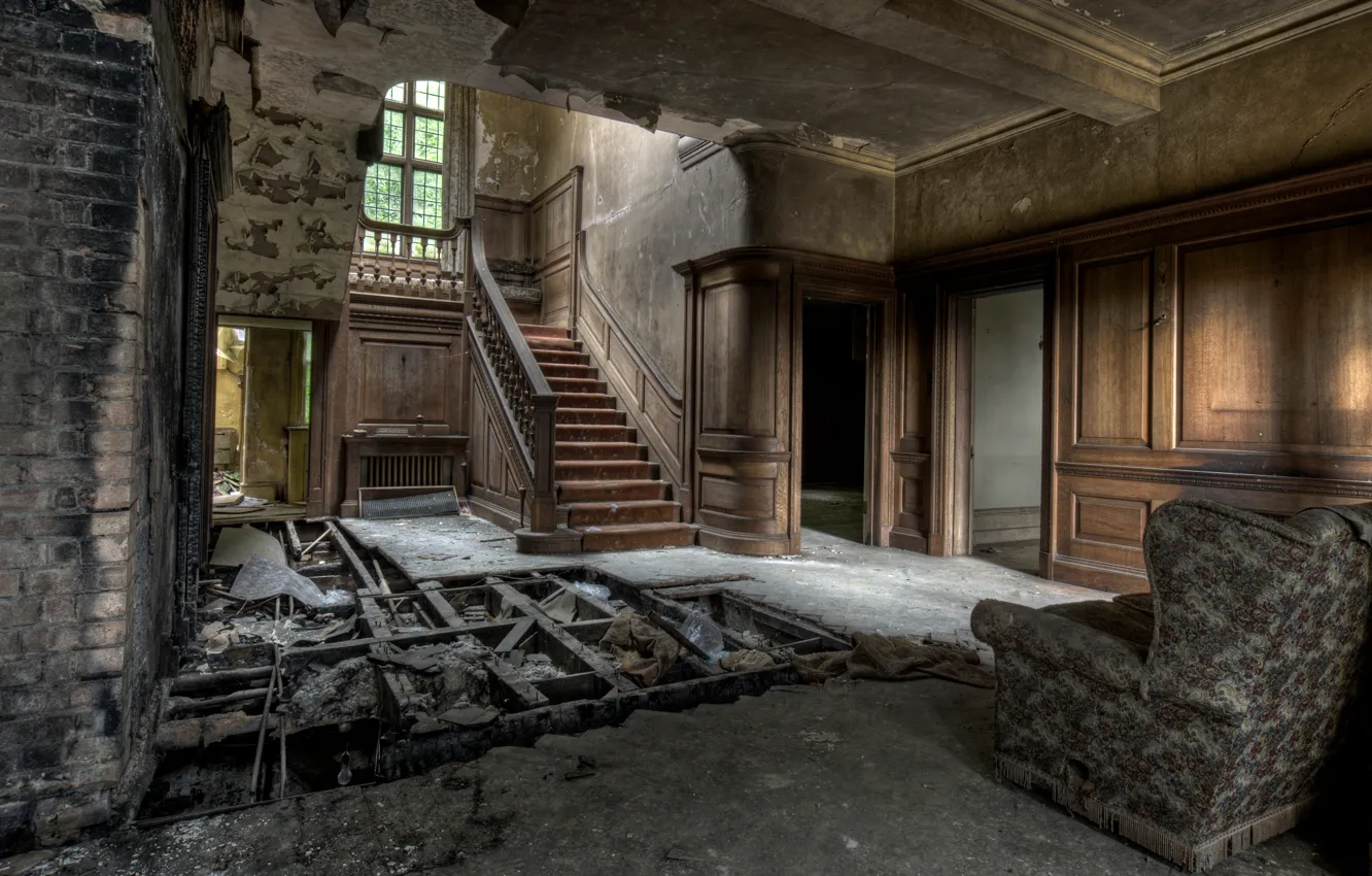 Photo wallpaper wood, window, armchair, door, stairs, destroyed floors, wall bricks, ceiling and walls in bad condition