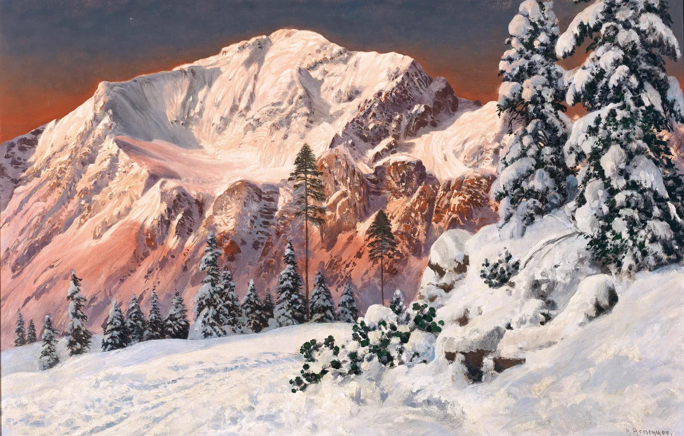 Photo wallpaper Winter, Mountains, Trees, Snow, Picture, Alois Arnegger, Alois Arnegger, Austrian painter